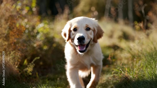 A delightful golden retriever puppy runs through a sunlit meadow, exuding joy and vitality, showcasing the pure happiness found in nature and companionship.