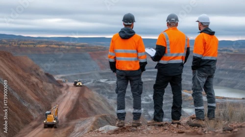 Overseeing the quarry: A team of engineers in protective gear intently survey the vast expanse of a quarry, emphasizing a focus on industry, labor, and site assessment.