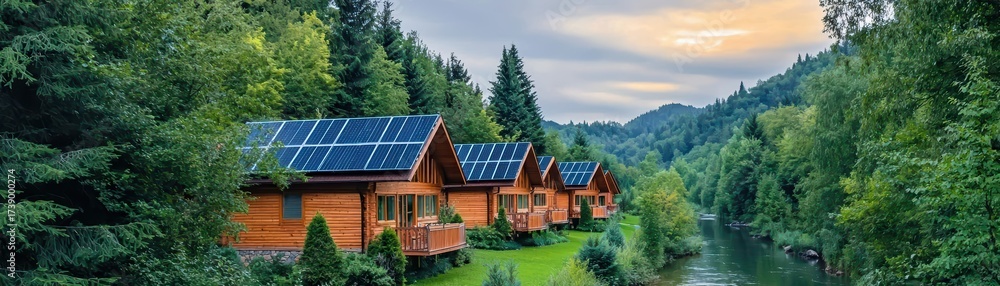 Fototapeta premium Serene Wooden Cabins with Solar Panels Alongside a Calm River Surrounded by Lush Green Forest at Sunset