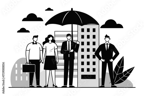 Black and white illustration of people under a black umbrella with city buildings