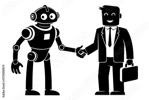 Black Silhouette of Robot and Businessman Shaking Hands Keywords: robot, businessman, handshake, partnership, agreement, technology, future