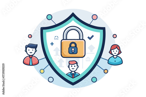 Digital Security Shield with Connected People Icons Keywords: security, shield, lock, padlock, data protection, privacy, network, connection