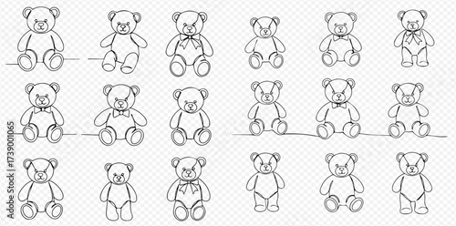 Collection of teddy bear line drawings in various poses.