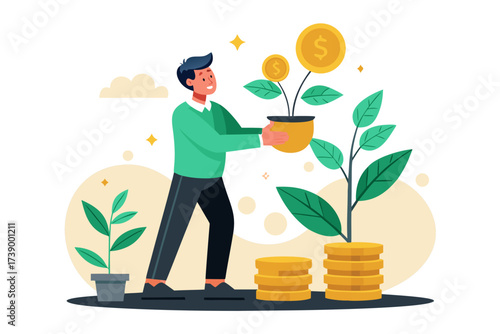 Man holding money tree pot with stacked coins and dollar plant