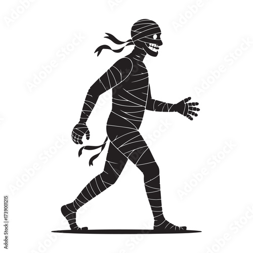 Walking mummy silhouette with tattered bandages and spooky face in profile