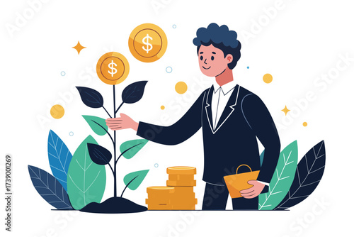 Man tending to money plant with coins and leaves in a business concept