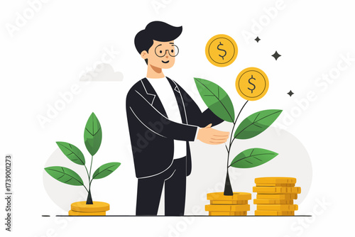 Man with glasses tending to money plant with stacked coins and smaller plant