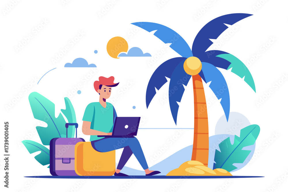 Fototapeta premium Person working on laptop on beach with palm tree and colorful luggage