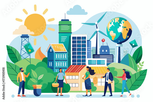 People in an urban landscape with renewable energy sources and green spaces