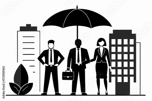 Silhouette illustration of business people under a black umbrella with buildings