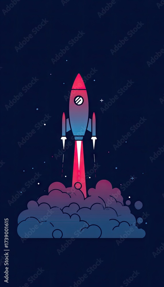 Fototapeta premium Cartoon rocket ship taking off against a dark blue night sky background