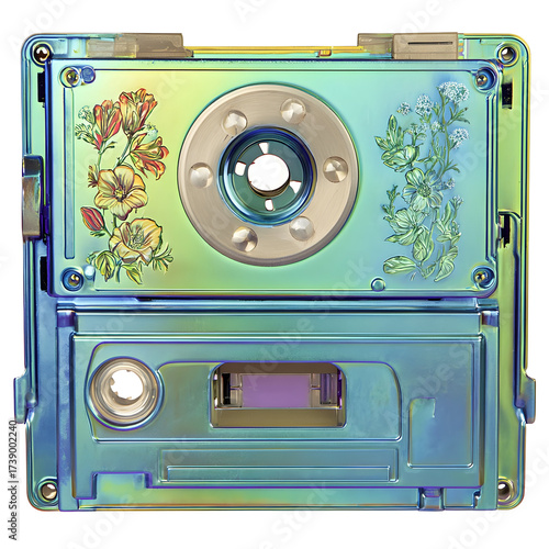 Vintage audio cassette player with floral design and iridescent finish on a transparent background