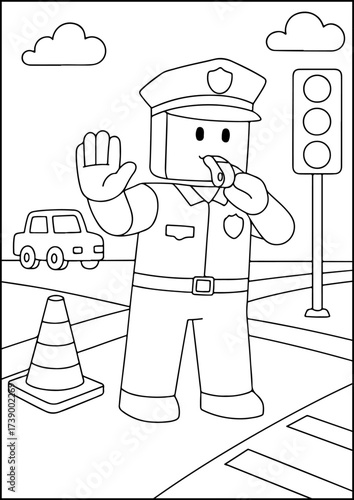 A blocky police officer directing traffic, designed as a black-and-white coloring page.