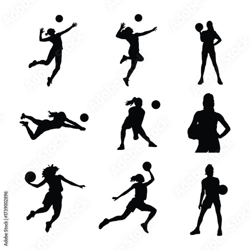 Female Volleyball Player Silhouettes Collection in Action Poses