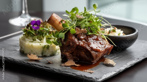 Gastronomic Delight: A culinary masterpiece presents a succulent braised lamb shank, artfully paired with creamy mashed potatoes and fresh microgreens, a symphony of flavors and textures.