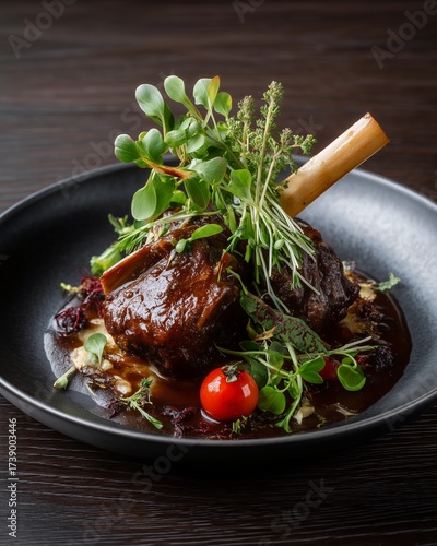 Braised Lamb Shank Culinary Masterpiece: A gourmet culinary presentation showcases a tender, braised lamb shank, artfully arranged with fresh herbs and a vibrant tomato on a stylish plate.