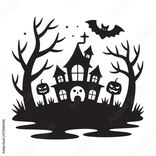 Spooky haunted house with bats and pumpkins silhouette for halloween