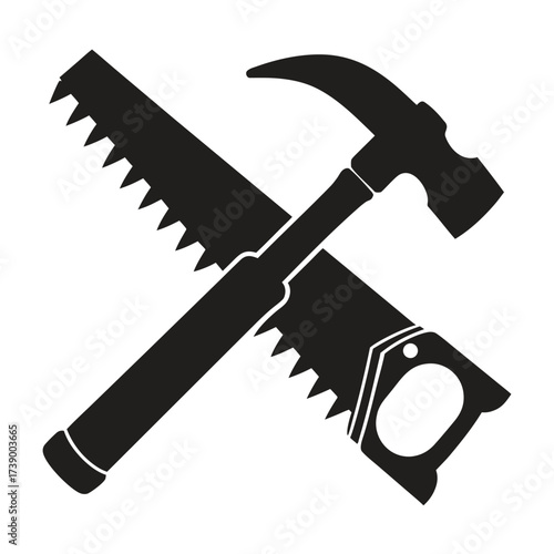 Hammer and saw silhouette, woodworker tool icon, woodworking vector symbol. 
