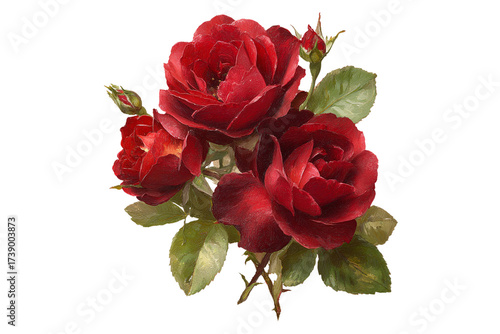 Cluster of deep red roses with green leaves isolated on transparent background