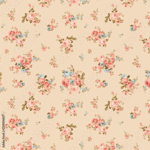 Seamless pattern featuring small clusters of pink and blue flowers on a light beige background design