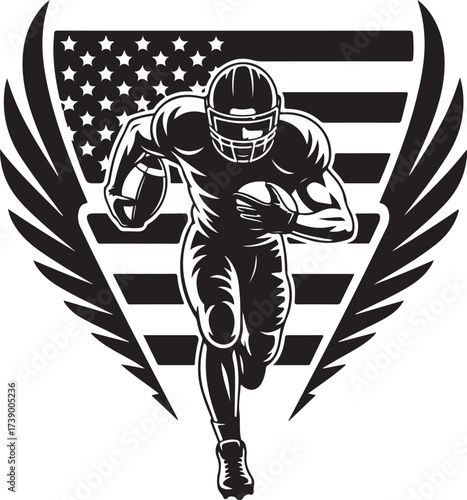 American football player running with ball wings USA
