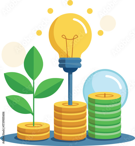 Stacked Coins Illustration – Growth, Innovation, and Financial Risk Concept with Plant, Lightbulb, and Bubble