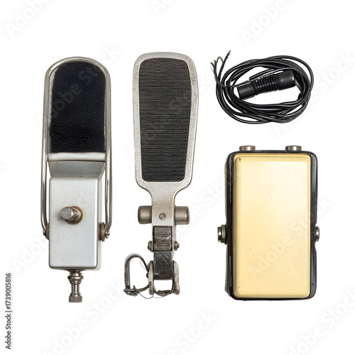 Vintage microphones and accessories isolated on transparent background