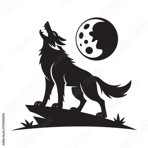 Howling wolf silhouette standing on rock under a full moon