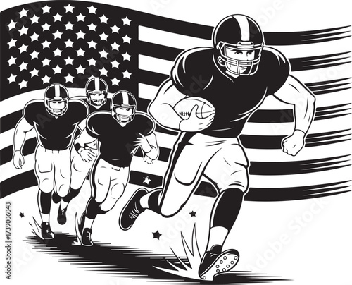 American football players charge forward with flag behind