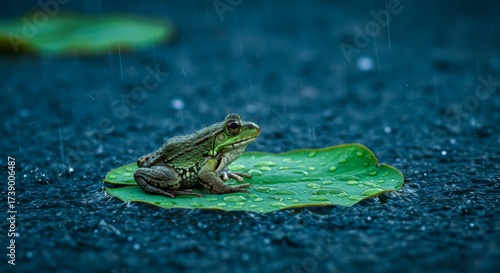 American bullfrog resting on lily pad in rain