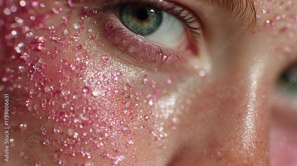 Fototapeta premium Close up of human facial skin with droplets and glitter, showcasing vibrant and textured appearance. image captures beauty and detail of skin, highlighting interplay of light and color