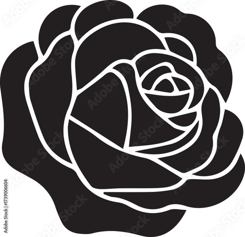 Stylized black rose with ornate stem and leaves flower