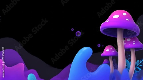 Stylized mushroom landscape illustration with vibrant colors and abstract forms