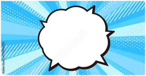 青色効果線と吹き出しのポップな背景素材／コミック風・横長バナー(1200×628)