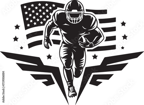 American football player runs with ball, US flag background
