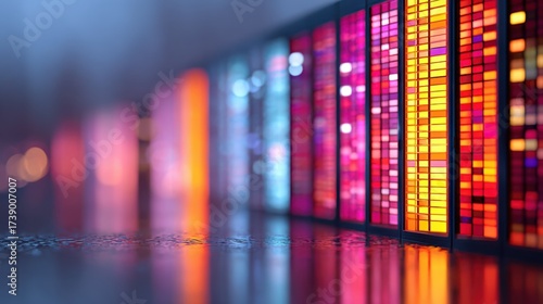 Digital supremacy concept. Colorful abstract lights reflecting on a surface.