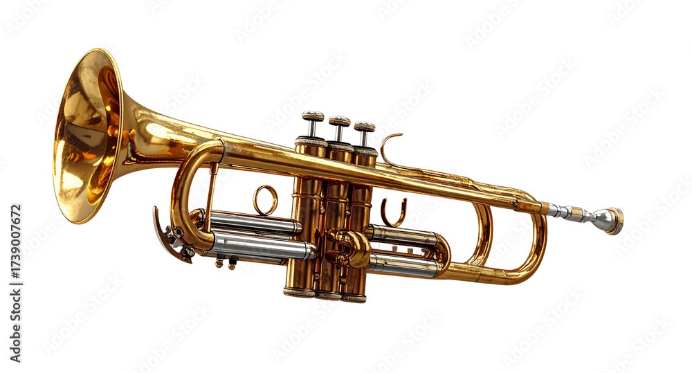 Obraz premium Realistic, Dynamic Brass Trumpet Exploded View, Deconstructed Components, Abstract Art, Transparent Background.