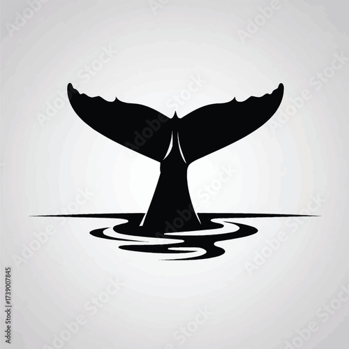 Bold black vector silhouette illustration of a whale tail fin emerging from water ripples silhouette White background