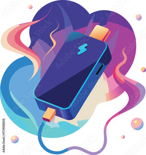 "Stylized Power Bank Illustration – Colorful Charging Device with Lightning Bolt and Cables