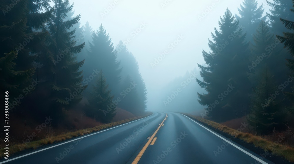 Fototapeta premium Misty Forest Road Winding Through Evergreen Trees on a Foggy Day