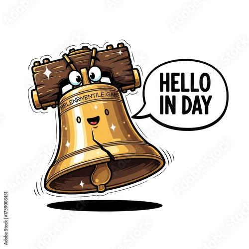 Cartoon liberty bell with googly eyes and smiling face isolated on transparent background