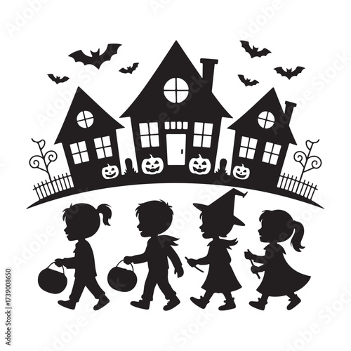 Children in halloween costumes trick or treating in front of haunted houses silhouette