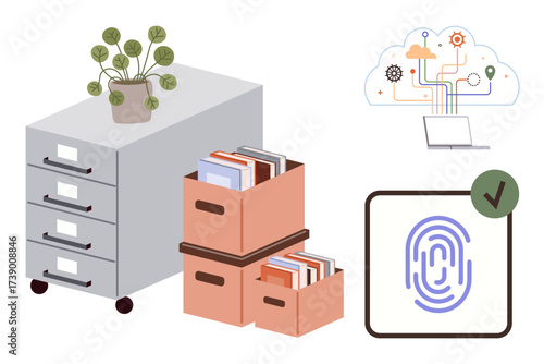 File cabinet with plant, boxes of documents, fingerprint authentication checkmark, and a cloud-connected laptop. Ideal for organization, security, digital transformation, cloud storage, office