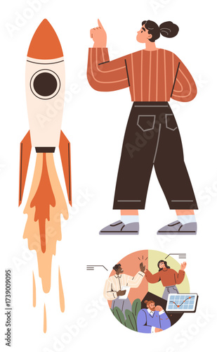 Woman pointing upward beside rocket liftoff, symbolizing ambition. Collaborative team setting, brainstorming, and analysis. Ideal for leadership, innovation, startup, teamwork growth success