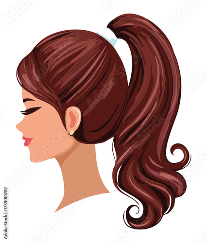 Reddish-Brown High Ponytail Hairstyle Side Profile View Voluminous Dynamic Style