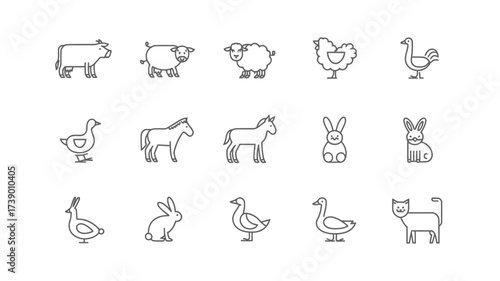 Set of 12 single line vector icons for farm animals scalable eps illustration for digital and print projects silhouette White background