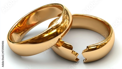 Two gold wedding rings, one broken, lying on a white background, symbolizing separation