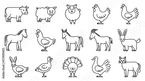 Set of 12 farm animal single line vector illustrations for scalable eps graphics silhouette White background