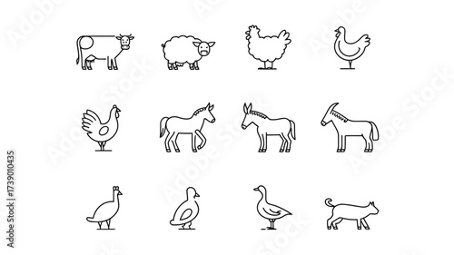 Set of 12 single line farm animal vector icons for livestock and agriculture eps graphics silhouette White background