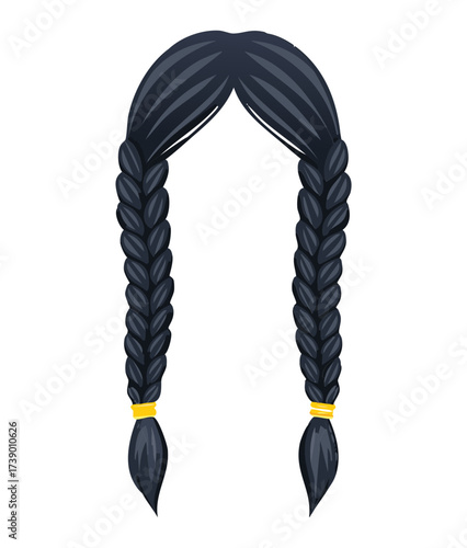 Dark Black Hair Long Symmetrical Two Braids Hairstyle Isolated Vector Graphic